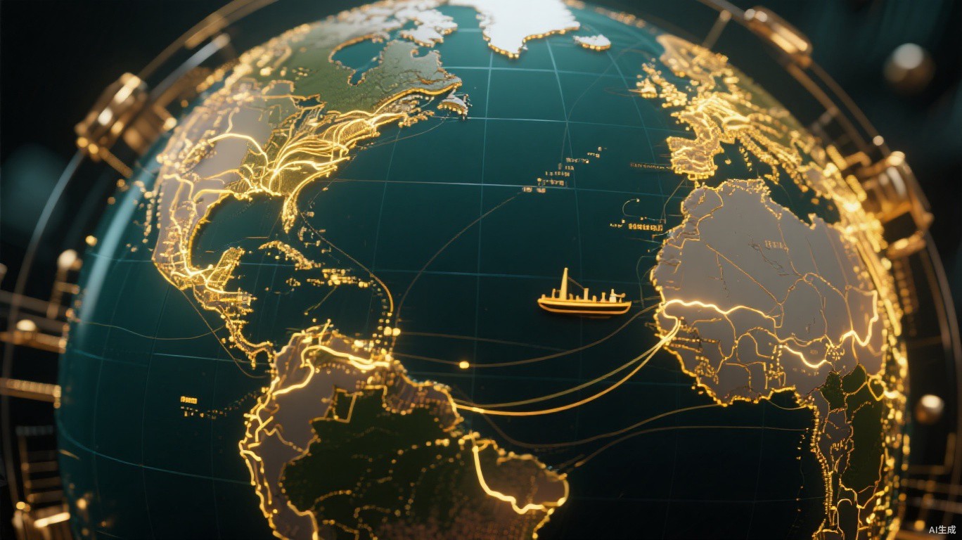 World globe with glowing shipping route lines from Hong Kong to Europe and the Americas