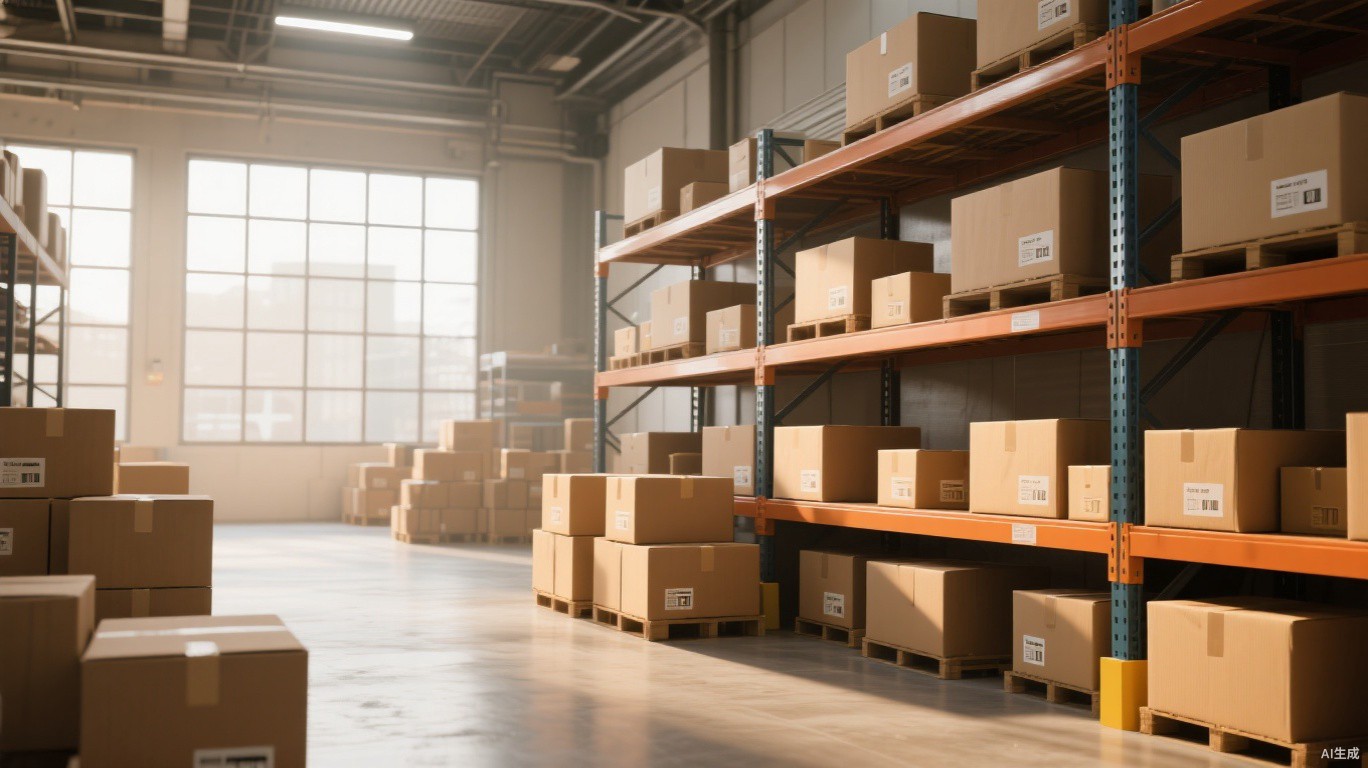 Modern logistics warehouse with organized shelves of shipping boxes
