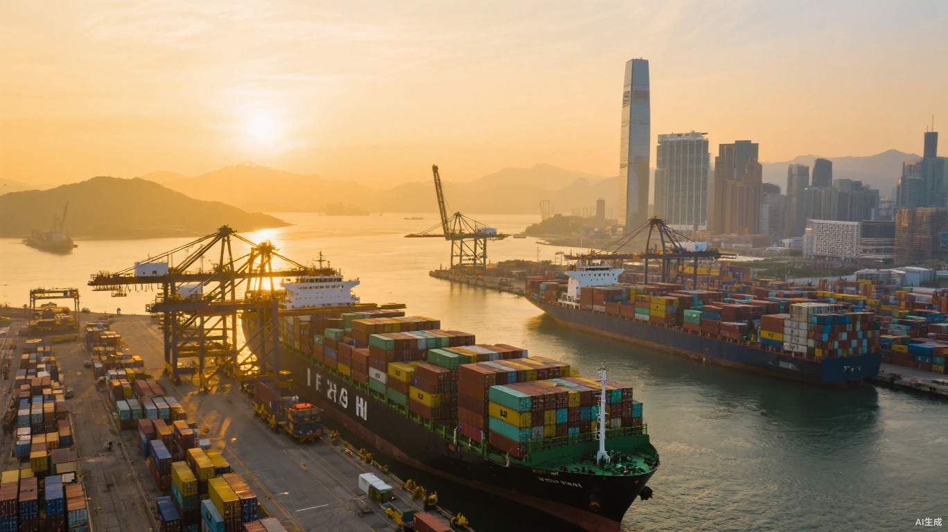 Hong Kong container port at golden hour with cargo ships and stacked shipping containers